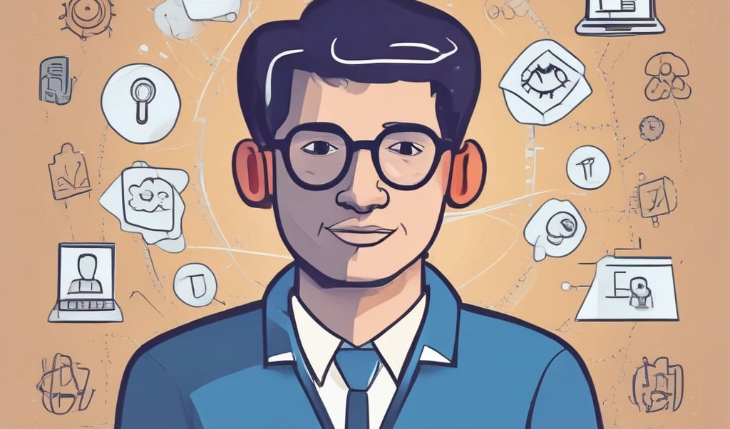 A friendly inspector examining a computer screen with a magnifying glass, surrounded by icons representing online security and community feedback.