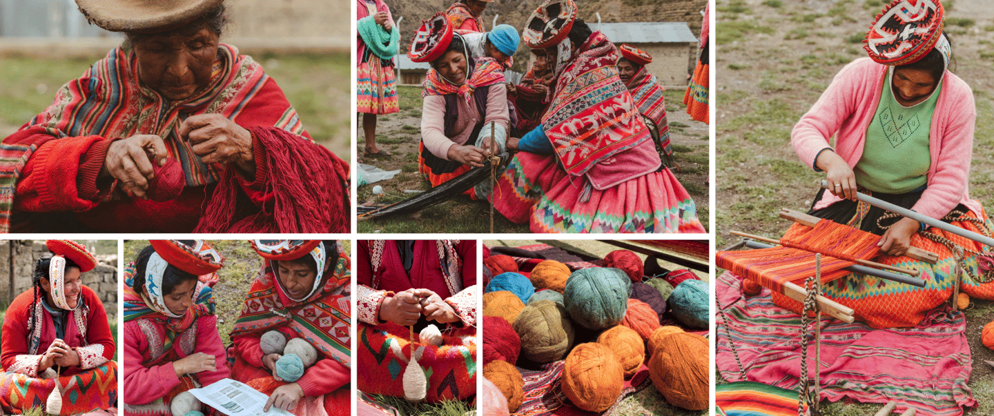 Collage de imágenes del trabajo diario de miembros de la Cooperativa Artesanal de Ollantaytambo
