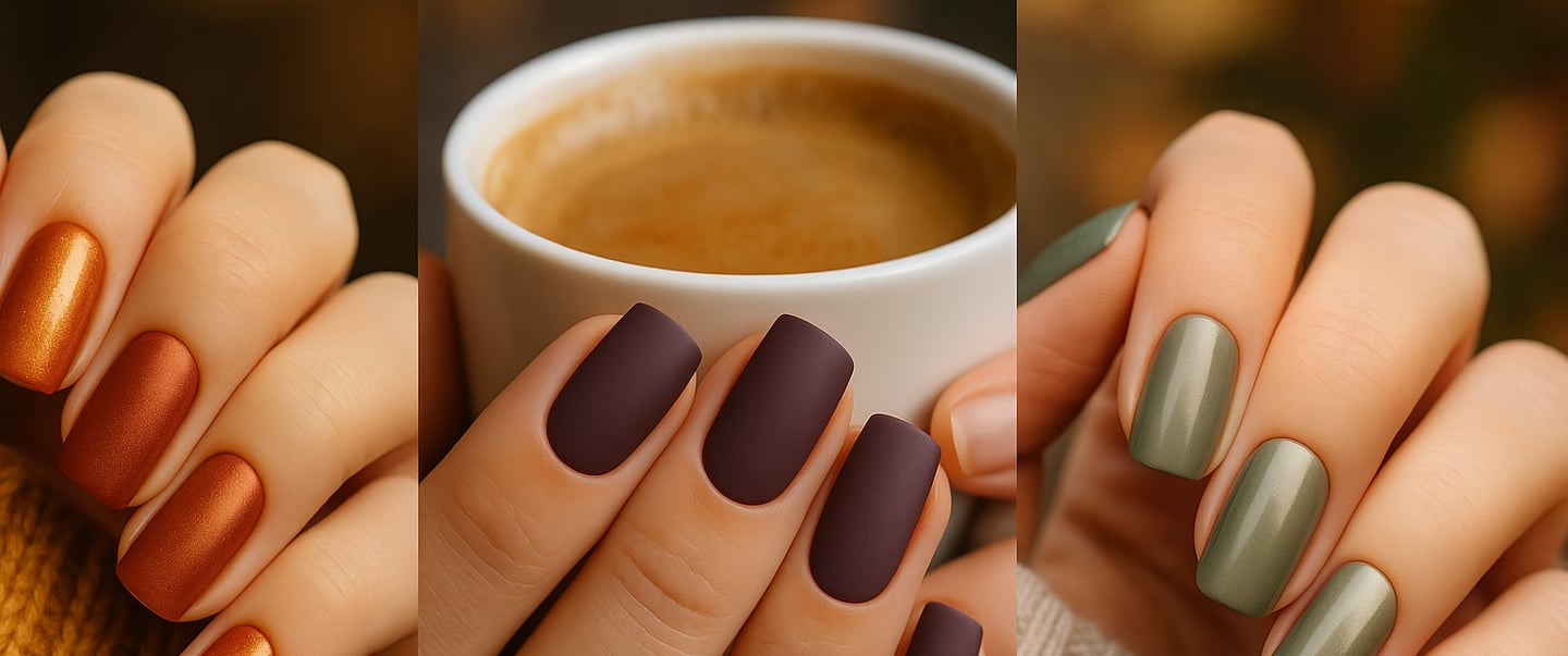 A horizontal collage of three fall nail designs. Simple Fall Nails.