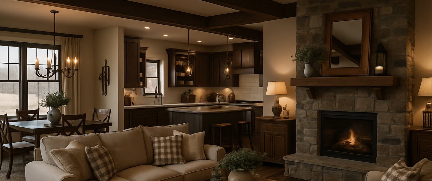 Open-concept farmhouse interior featuring a rustic kitchen, cozy living room, and dining area 
