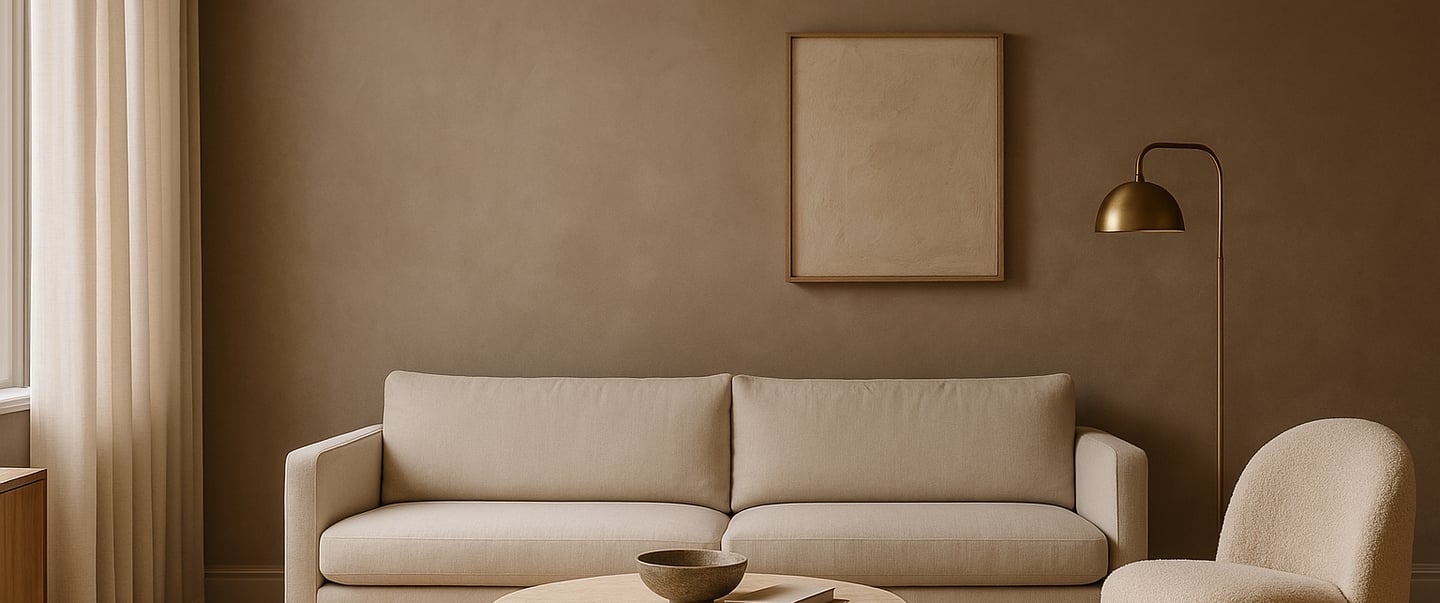 Warm neutral “quiet luxury” living room with linen sofa, bouclé chair, and travertine coffee table.