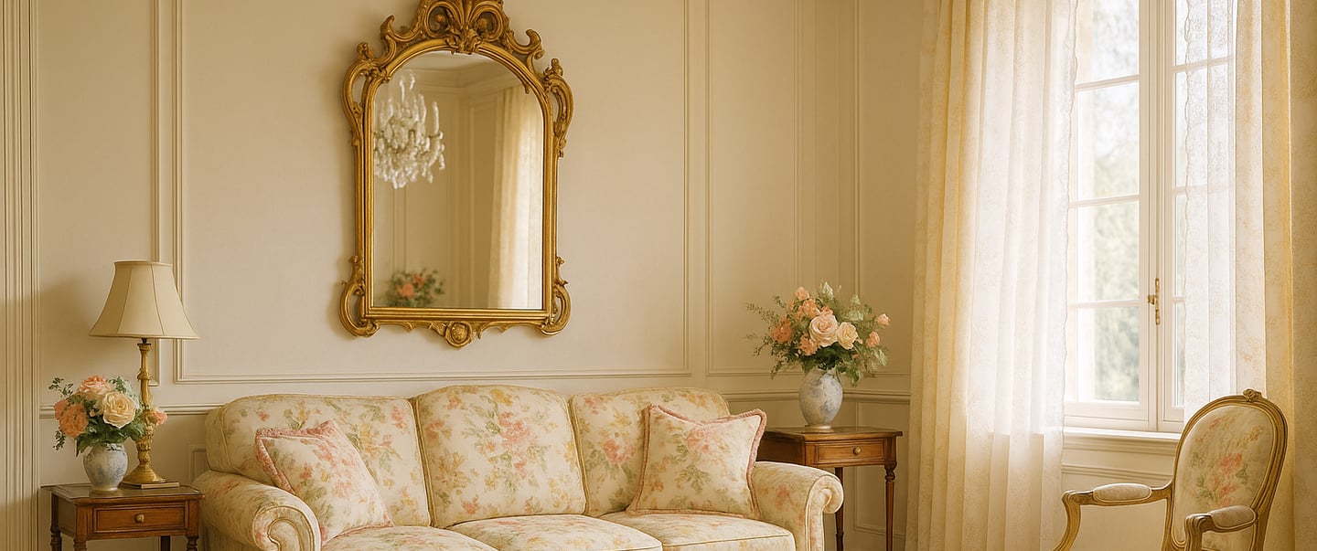 Chateaucore living room with floral sofa, gilded mirror, pastel rug, and lace curtains.