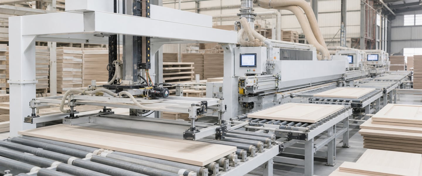 Interior door factory production workshop with organized manufacturing process