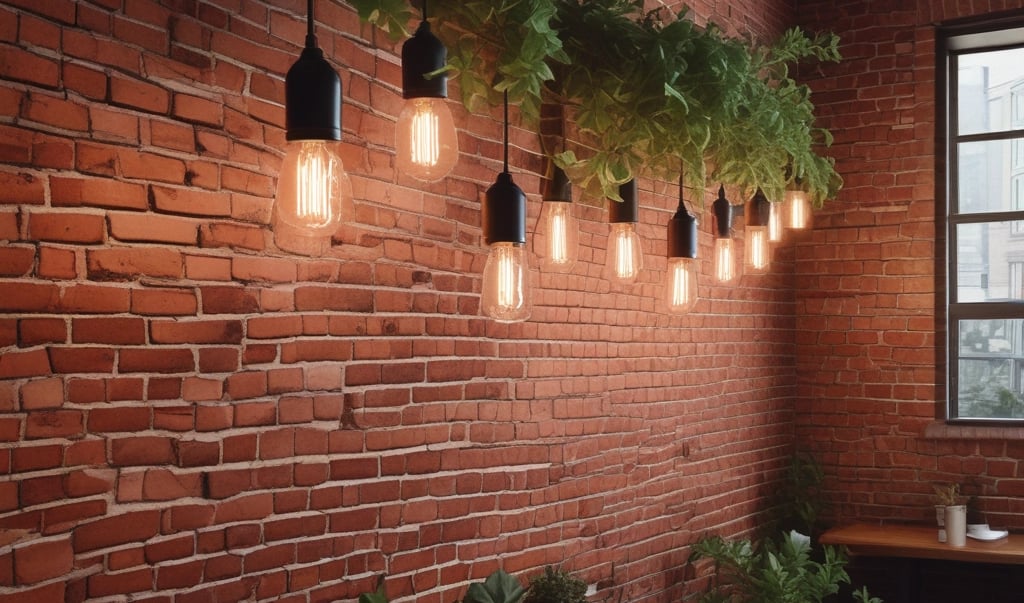 A brick wall with Edison lights and greenery.