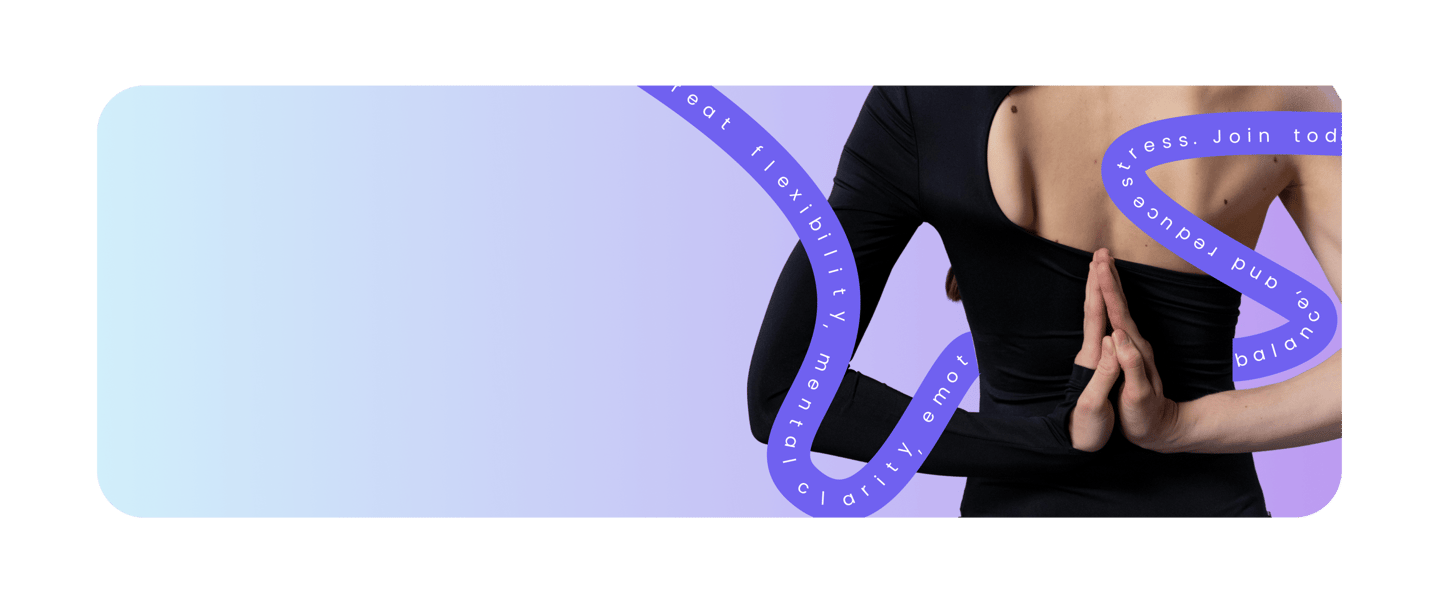 light blue to purple gradient background with lady posing with hands behind back closed together with purple swirls around