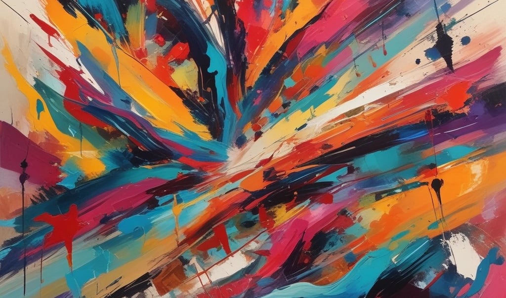 An abstract painting featuring a vibrant mix of colors and textures with bold blue strokes and speckles of glitter. White and brown patches overlap, creating a dynamic contrast against the dark background. Splashes of yellow and hints of green add vibrancy, while fluid shapes create a sense of movement.