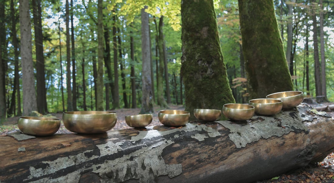 Bols chantants planétaires dans un cadre naturel