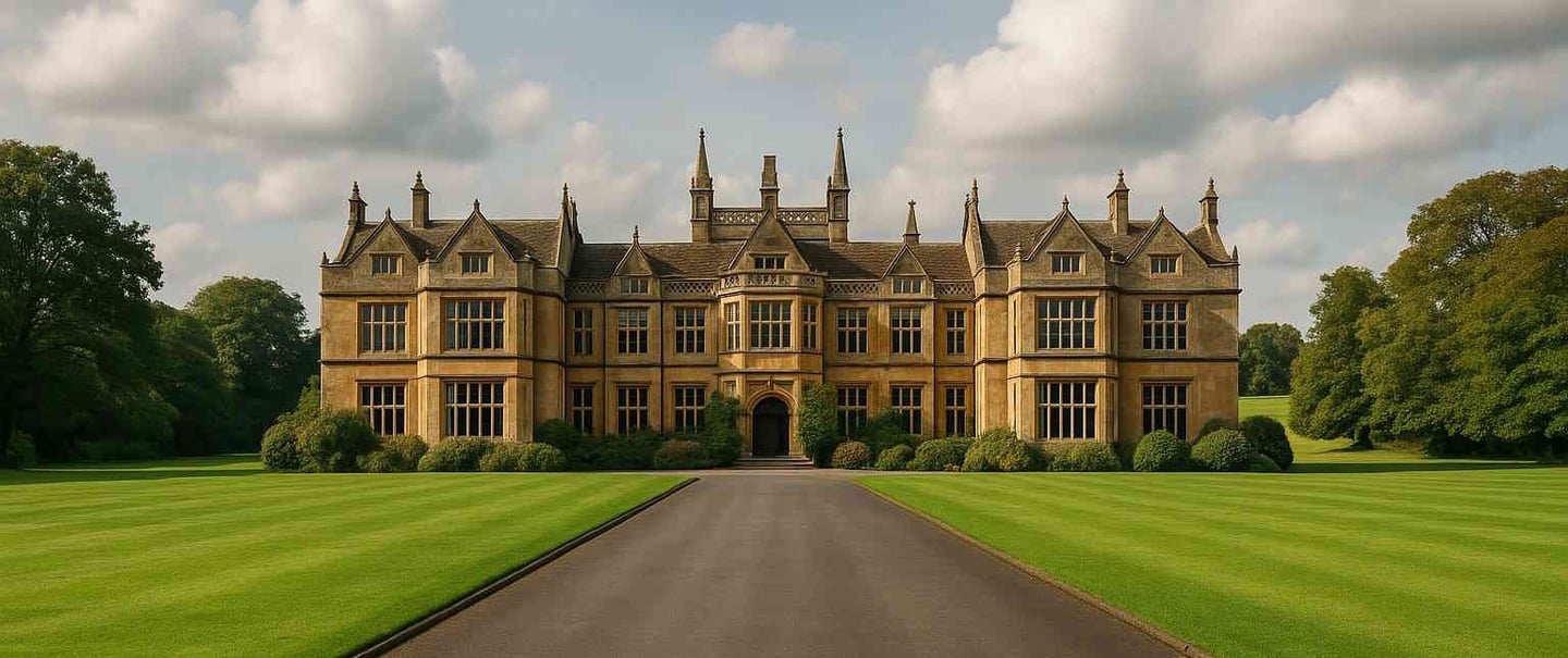 Stone English manor with gravel drive and grey sky