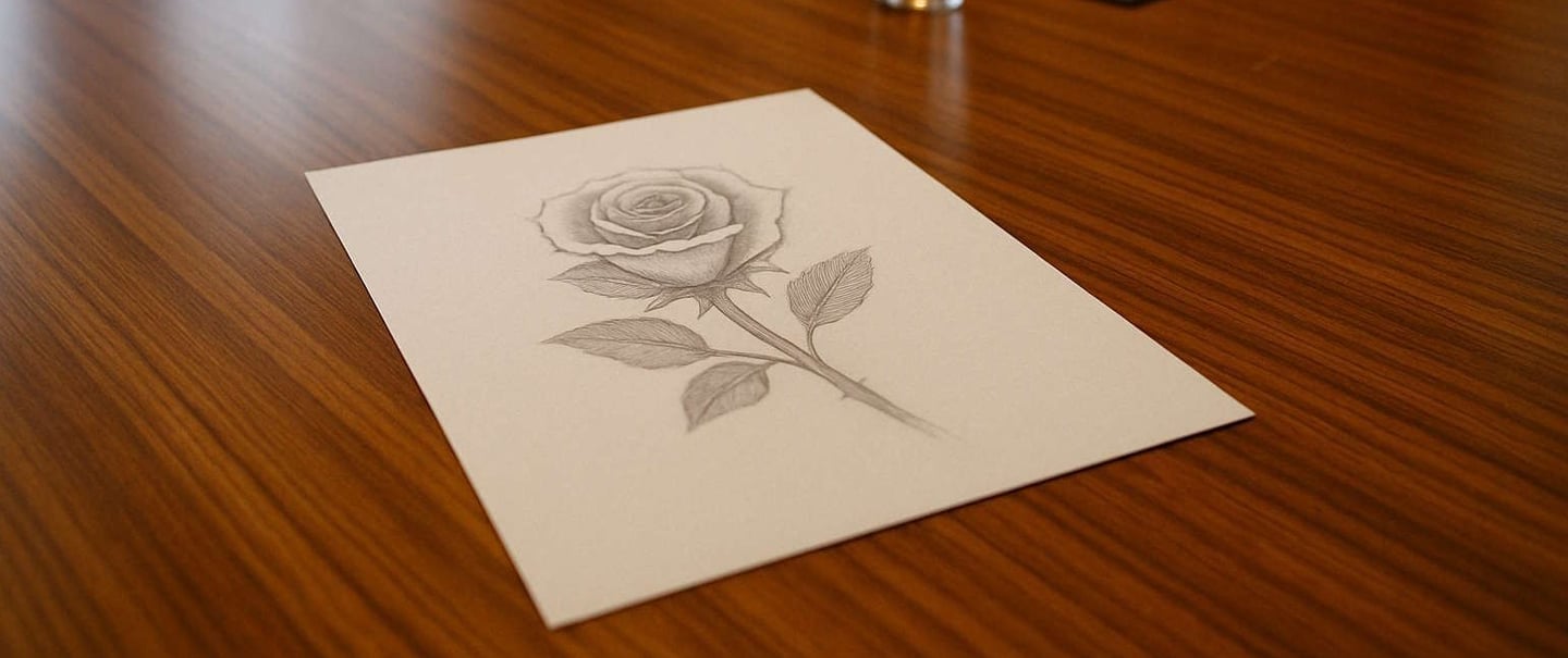 sketch of a rose on a table