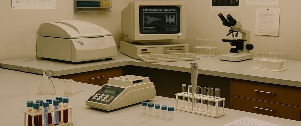 1990s DNA lab bench with sequencing tools and test tubes