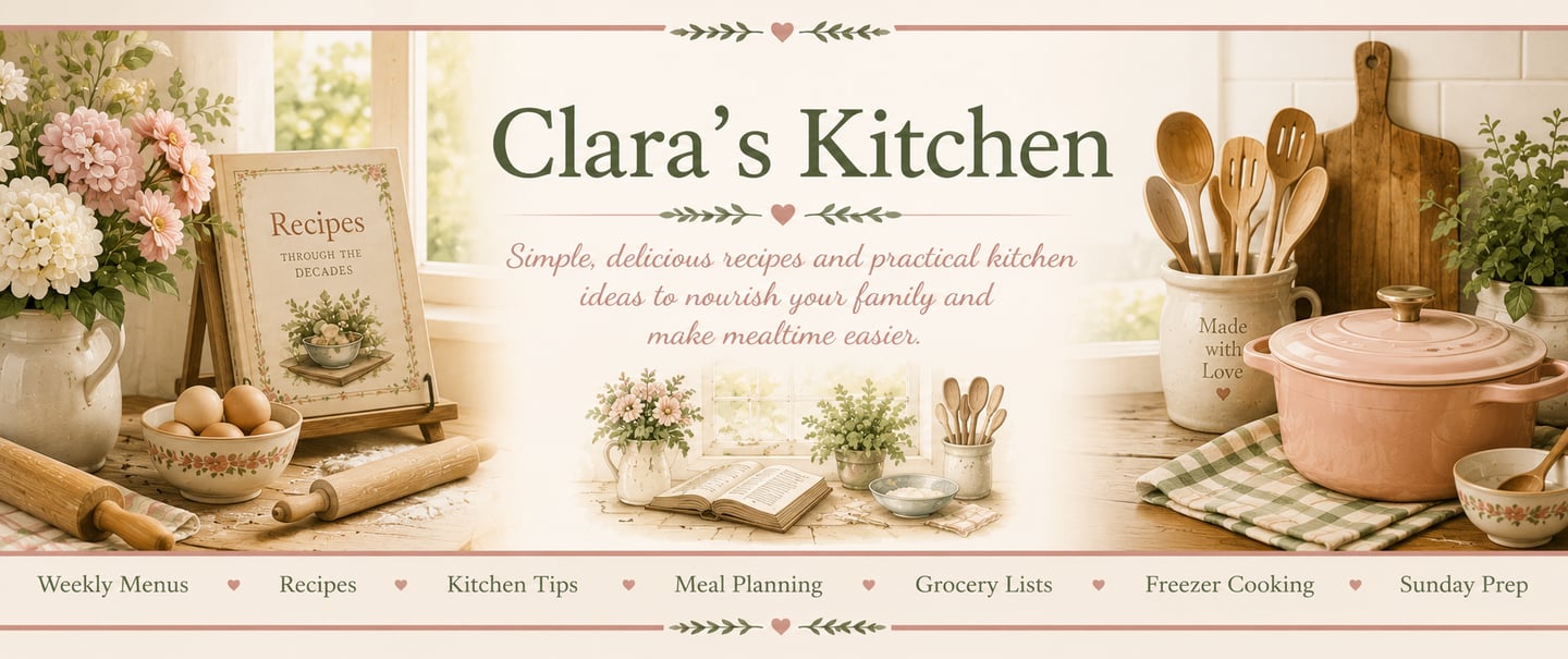 Rustic farmhouse kitchen banner for Clara's Kitchen featuring a pink dutch oven and vintage recipe book.