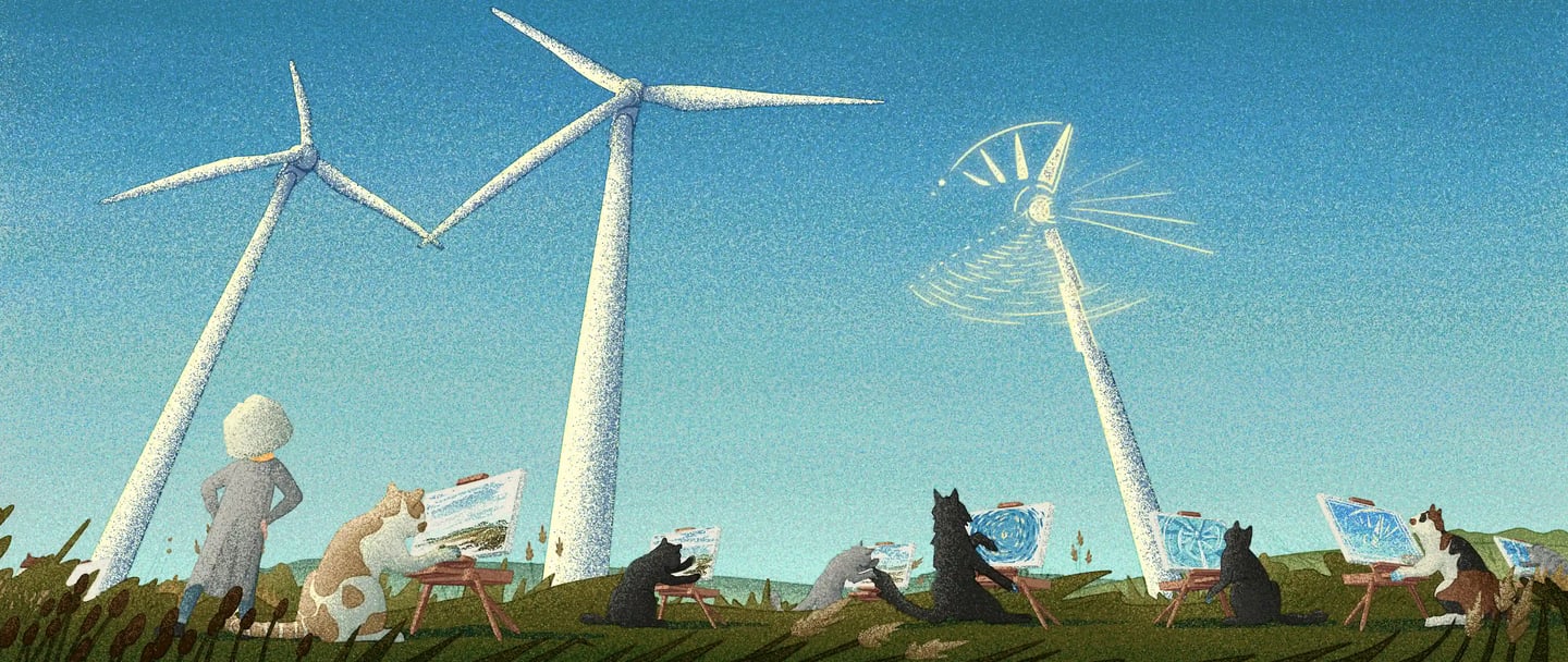 children's book illustration of an artist and her cats painting the landscape and wind turbines