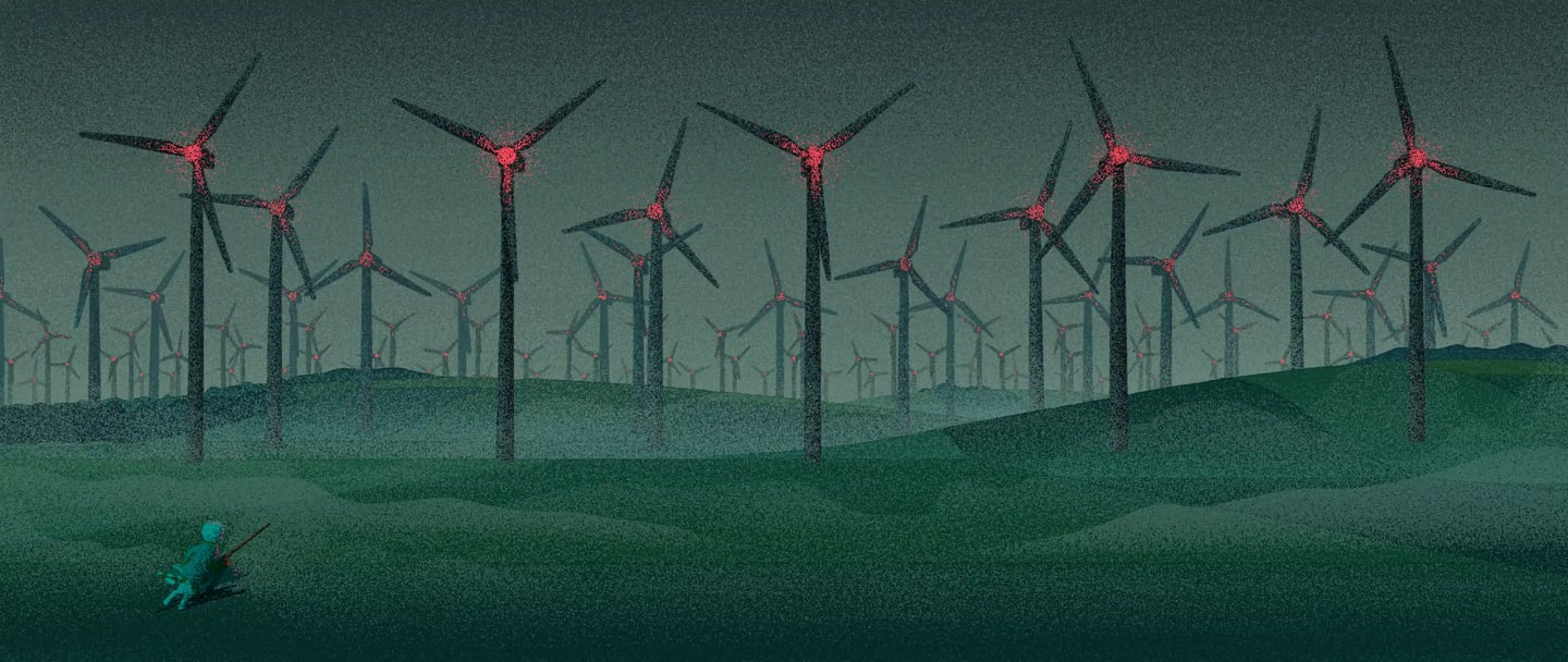 children's book illustration of a painter riding a cat out to face an army of wind turbines at night