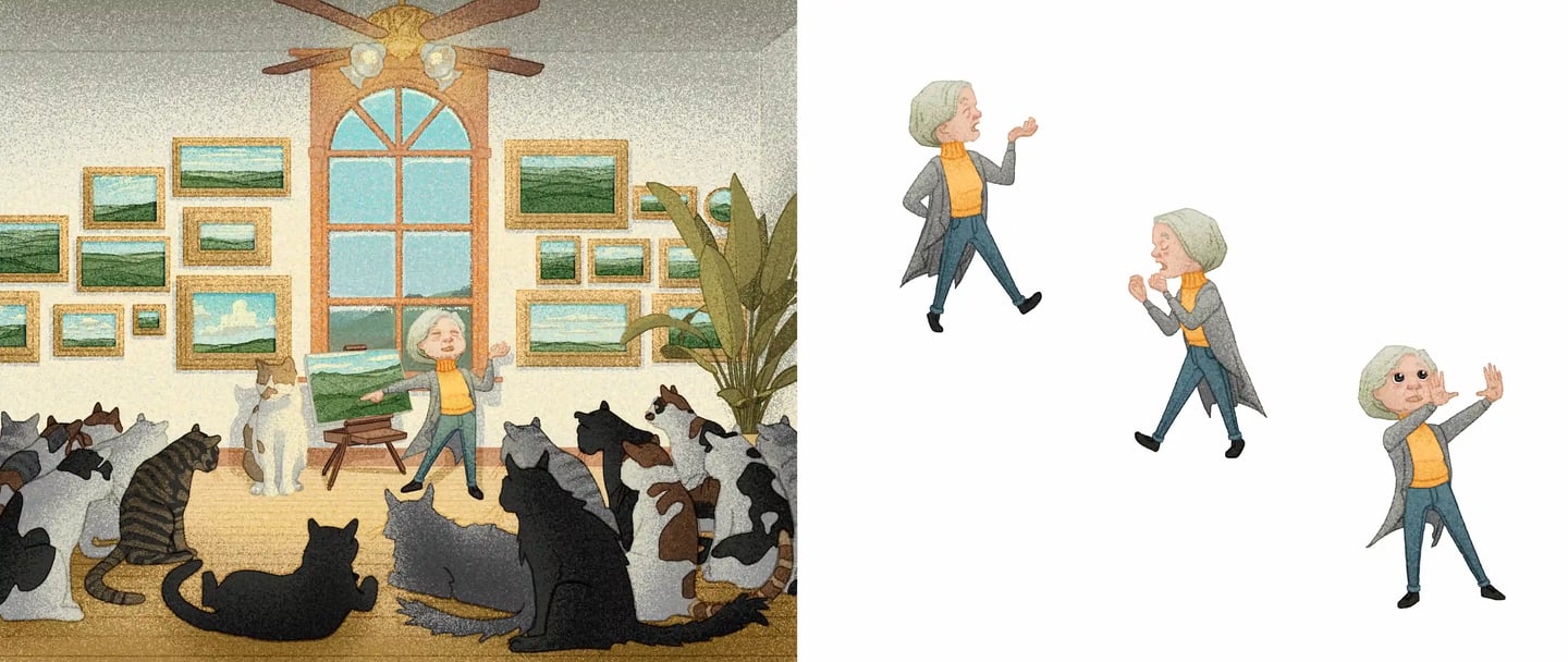 children's book illustration of an artist talking about a beautiful landscape painting made by a cat