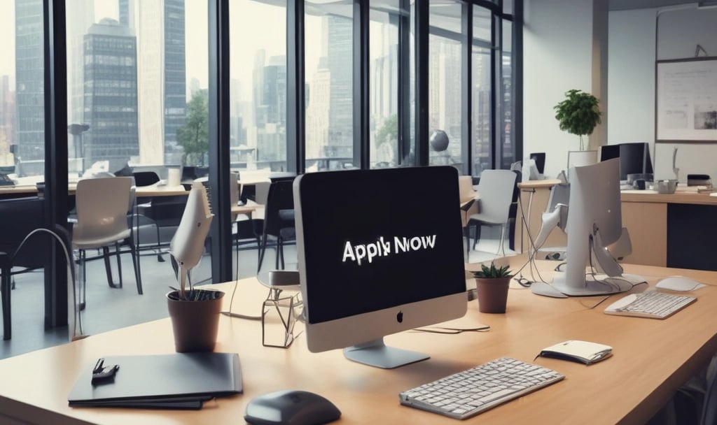 A welcoming office space with a desk, laptop, and a plant, inviting candidates to join the team.