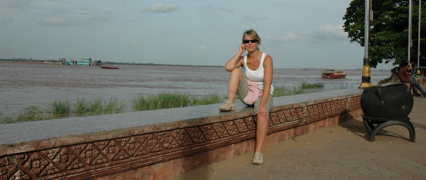 Tracey Billington on the Mekong Promenade in Phenon Penh, Cambodia