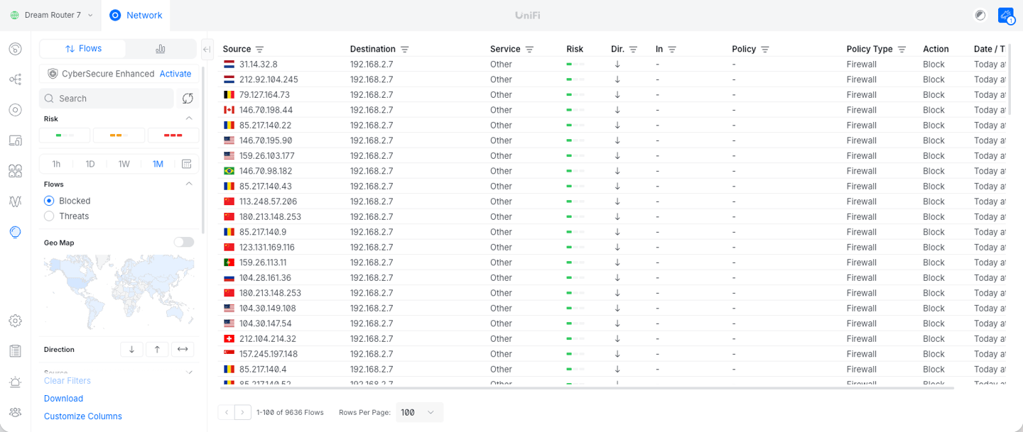 Ubiquiti UniFi network dashboard showing a list of blocked firewall traffic flows from global IP addresses.