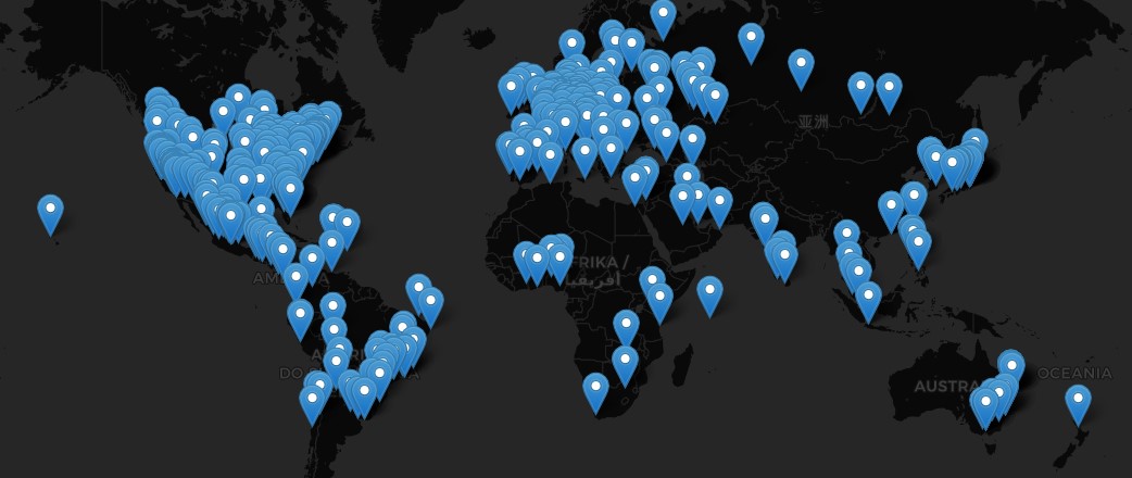 World map with blue location pin icons showing global listener locations.