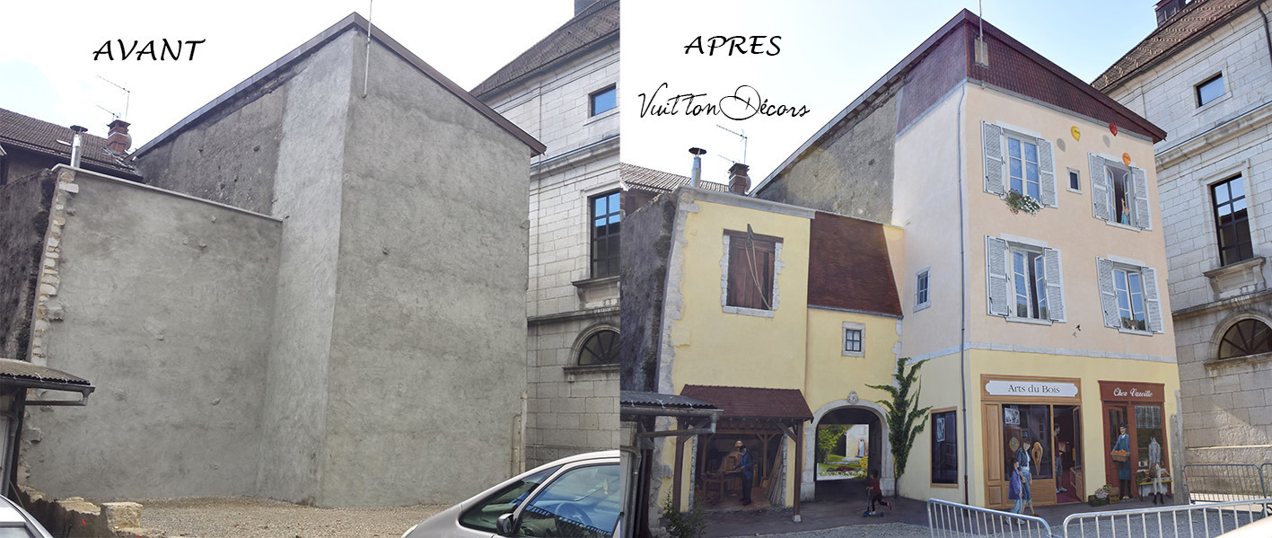 Façades vides avant la réalisation de fresques en trompe-l'oeil situées à Moirans-en-Montagne