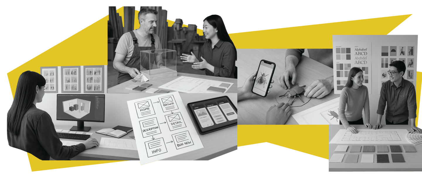 Team erstellt Prototypen von Ausstellungsdesigns mit digitalen Tools, Skizzen und Materialien Proben