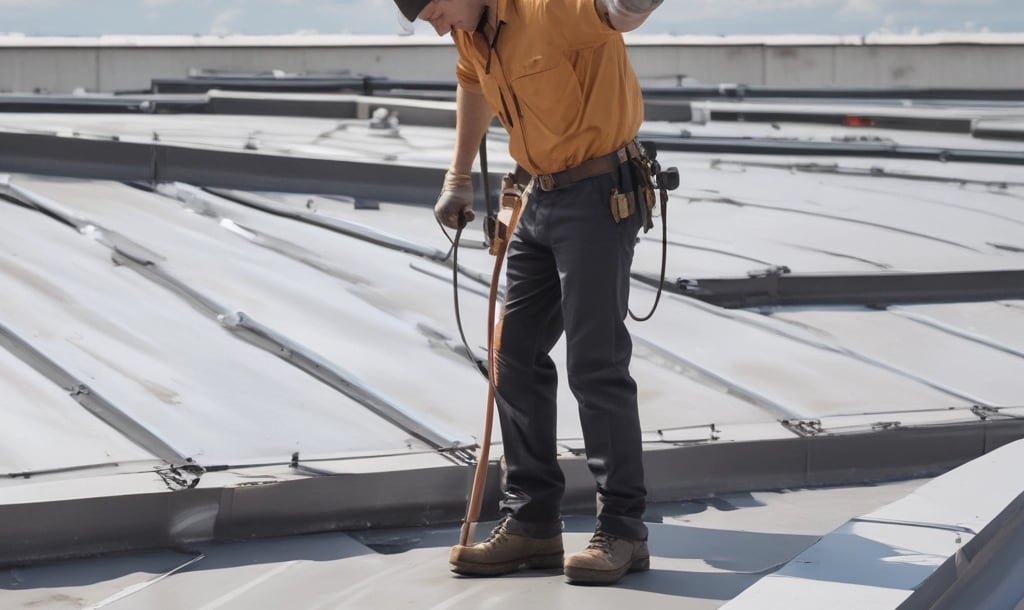 A person wearing a red helmet is suspended on ropes, cleaning or inspecting the glass windows of a modern high-rise building. The building features a grid of reflective blue glass panels, and the sunlight creates intricate patterns and shadows on the surface.