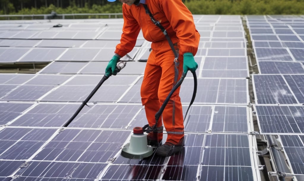 A person wearing a red helmet is suspended on ropes, cleaning or inspecting the glass windows of a modern high-rise building. The building features a grid of reflective blue glass panels, and the sunlight creates intricate patterns and shadows on the surface.