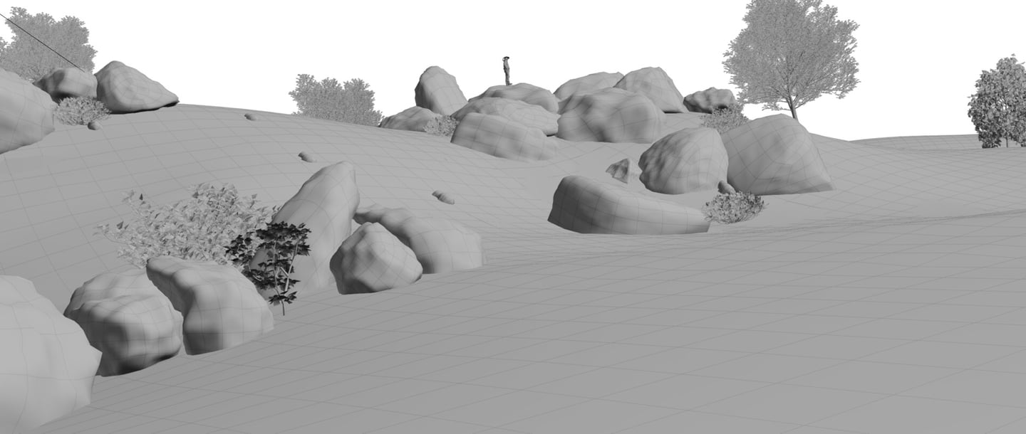 Em wireframe da viewport do Blender é possível ver a imagem contem uma paisagem de matagal próxima a