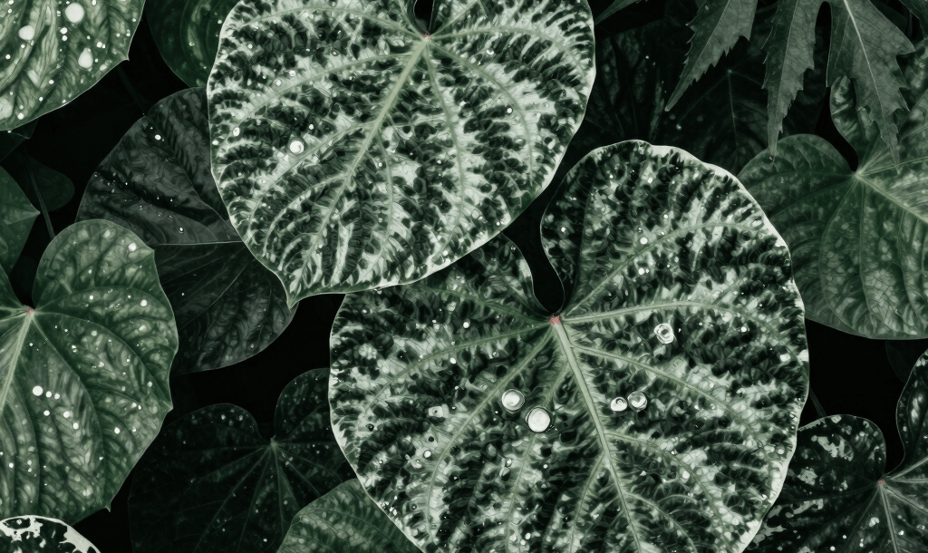 Close-up of a vibrant green leaf with morning dew drops glistening in natural light