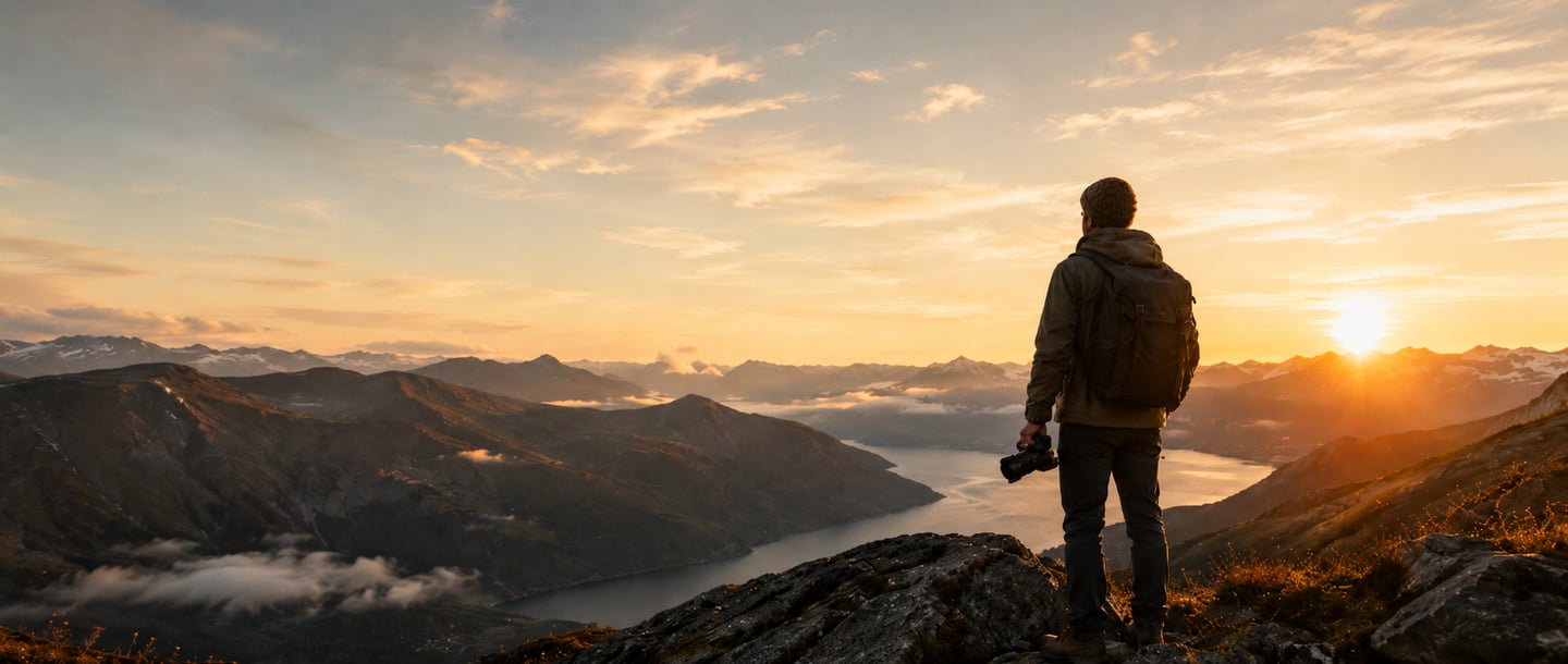 Photographer standing on top of mountain at sunrise overlooking the landscape and river
