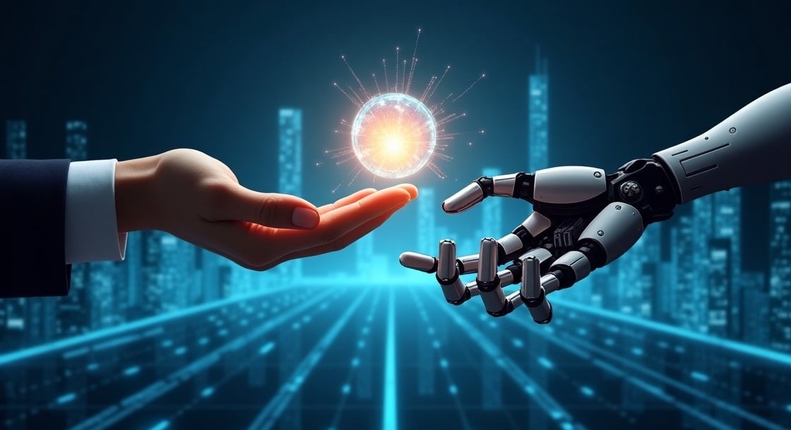 Human and robot hands meeting with a glowing data sphere between them, symbolizing human-AI collaboration in a digital city.