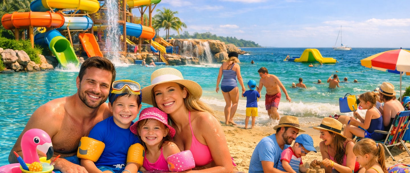 Een gelukkig gezin geniet van een zomervakantie in een tropisch waterpark en strandresort met kleurr