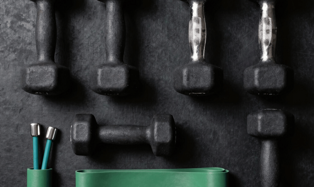 A vibrant coral dumbbell resting on a white workout mat with a sage green water bottle nearby.