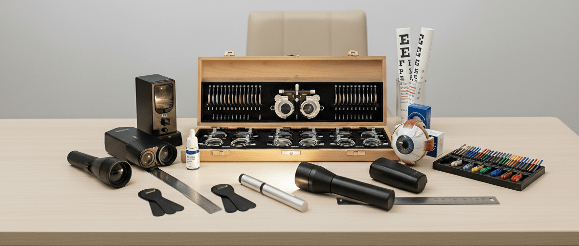 Close-up of an optometry examination kit on a desk, including trial lenses, eye model, eye drops, and diagnostic tools.