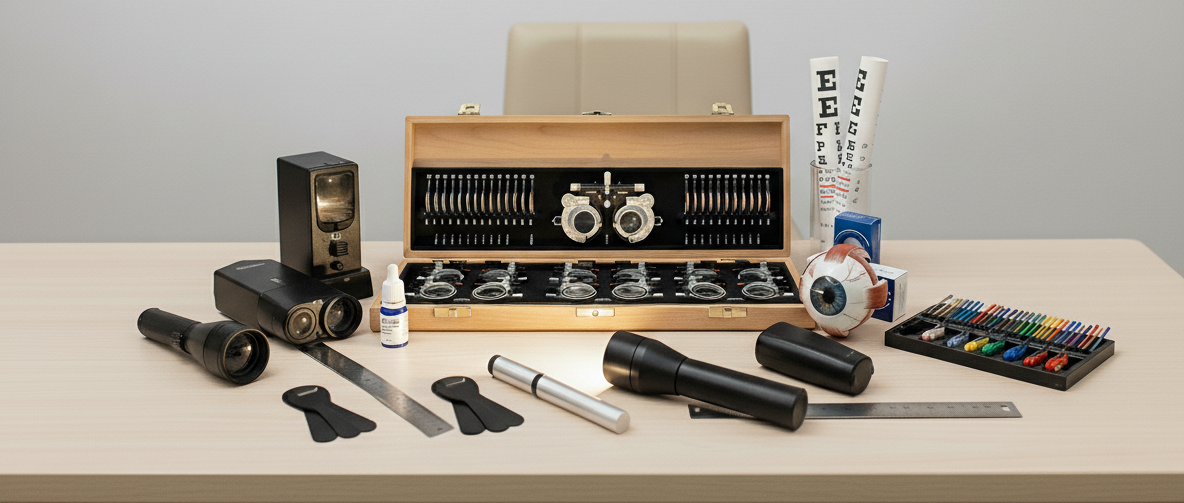 Close-up of an optometry examination kit on a desk, including trial lenses, eye model, eye drops and diagnostic tools.