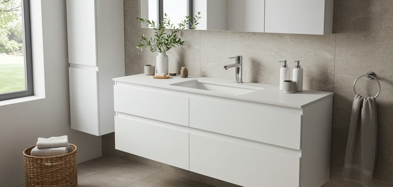 Nowoczesna łazienka z jasnych materiałów