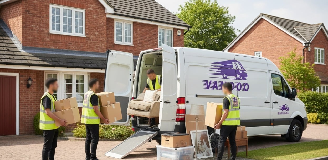 Professional movers carefully loading furniture and household boxes into a Vanooo removal.