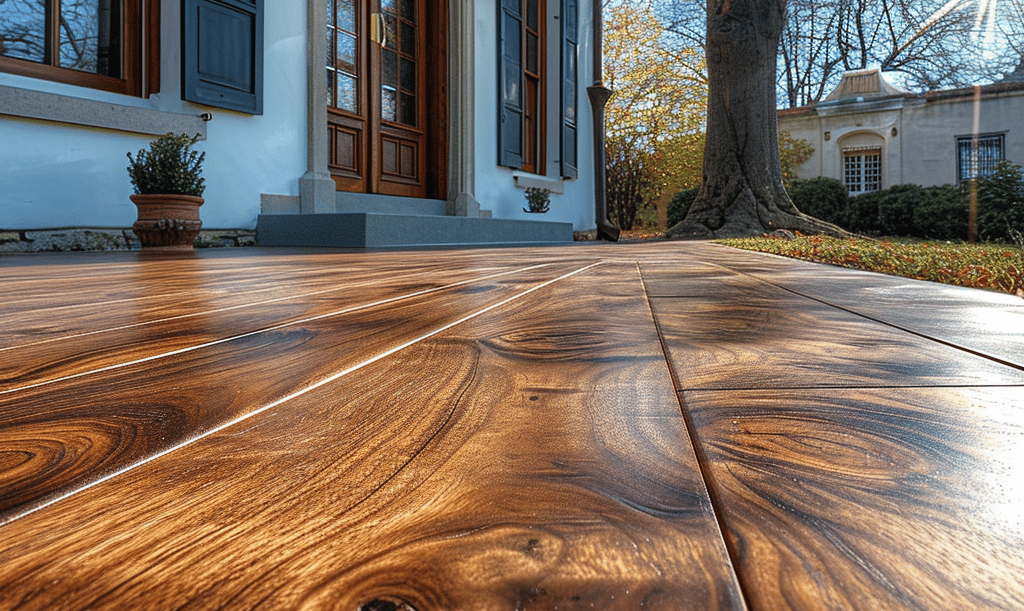 a wooden floor with a wooden flooring and a tree in the background. wooden flooring design ideas per