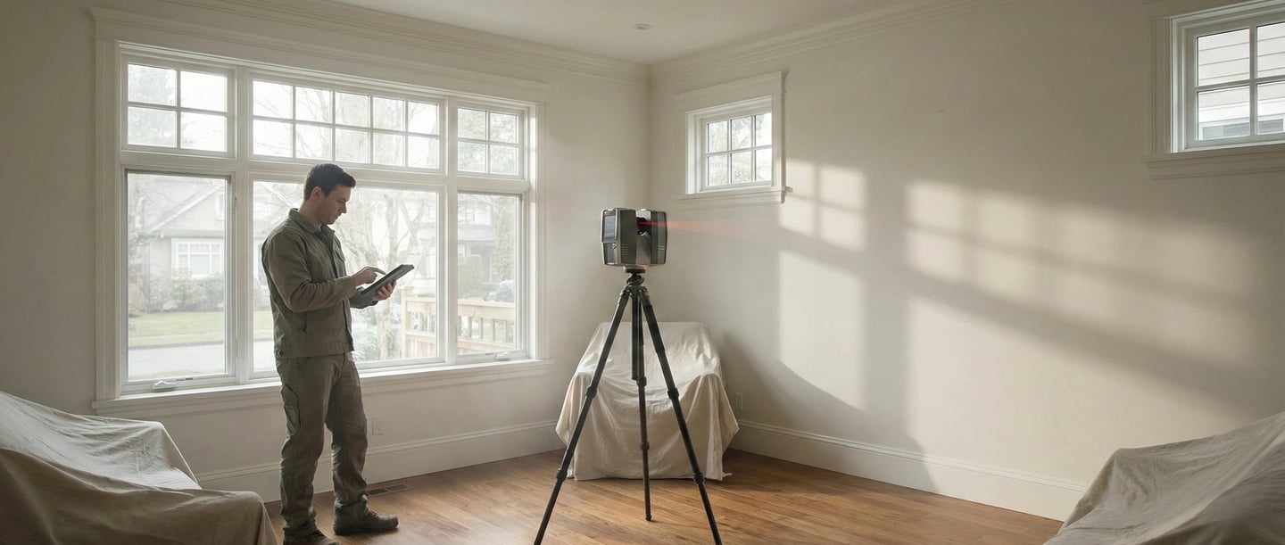 Technician using 3D laser scanner inside a Vancouver home before renovation