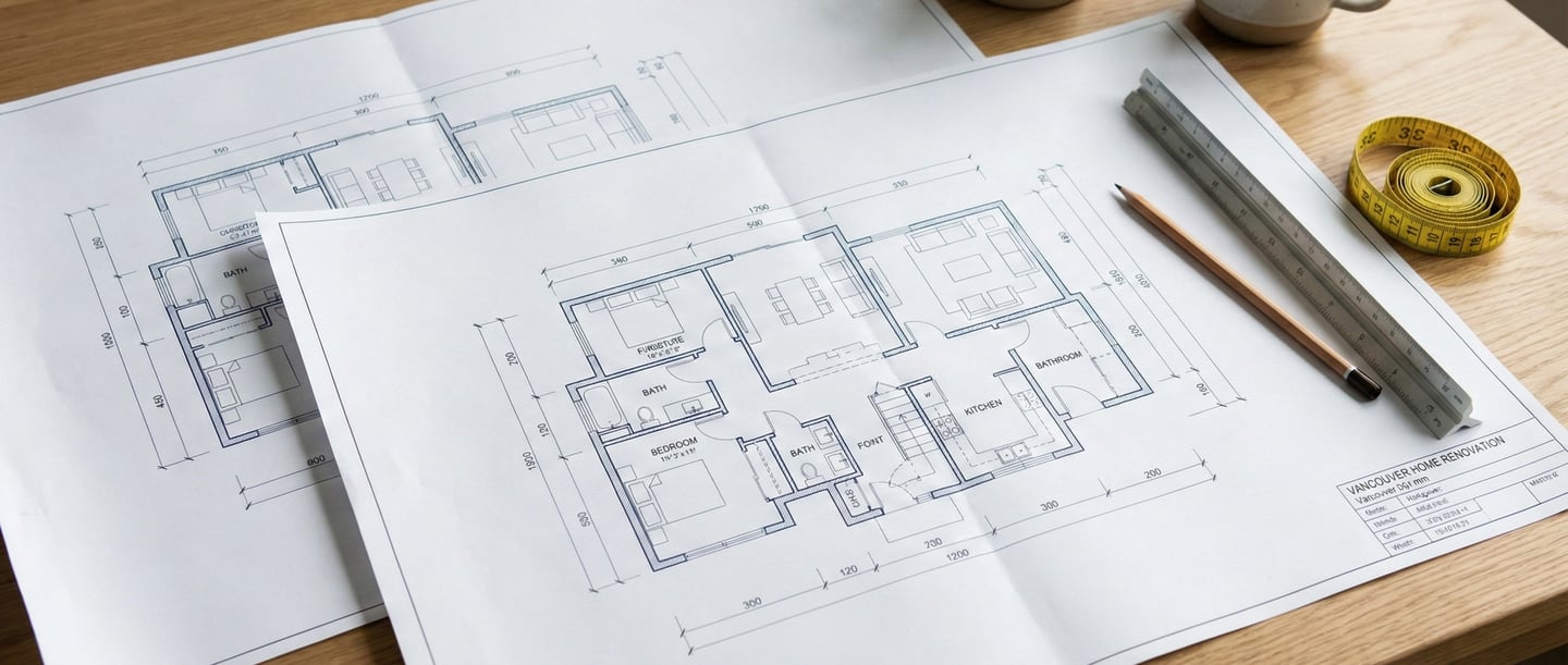 Floor plan printouts with measurements for a home renovation in Vancouver