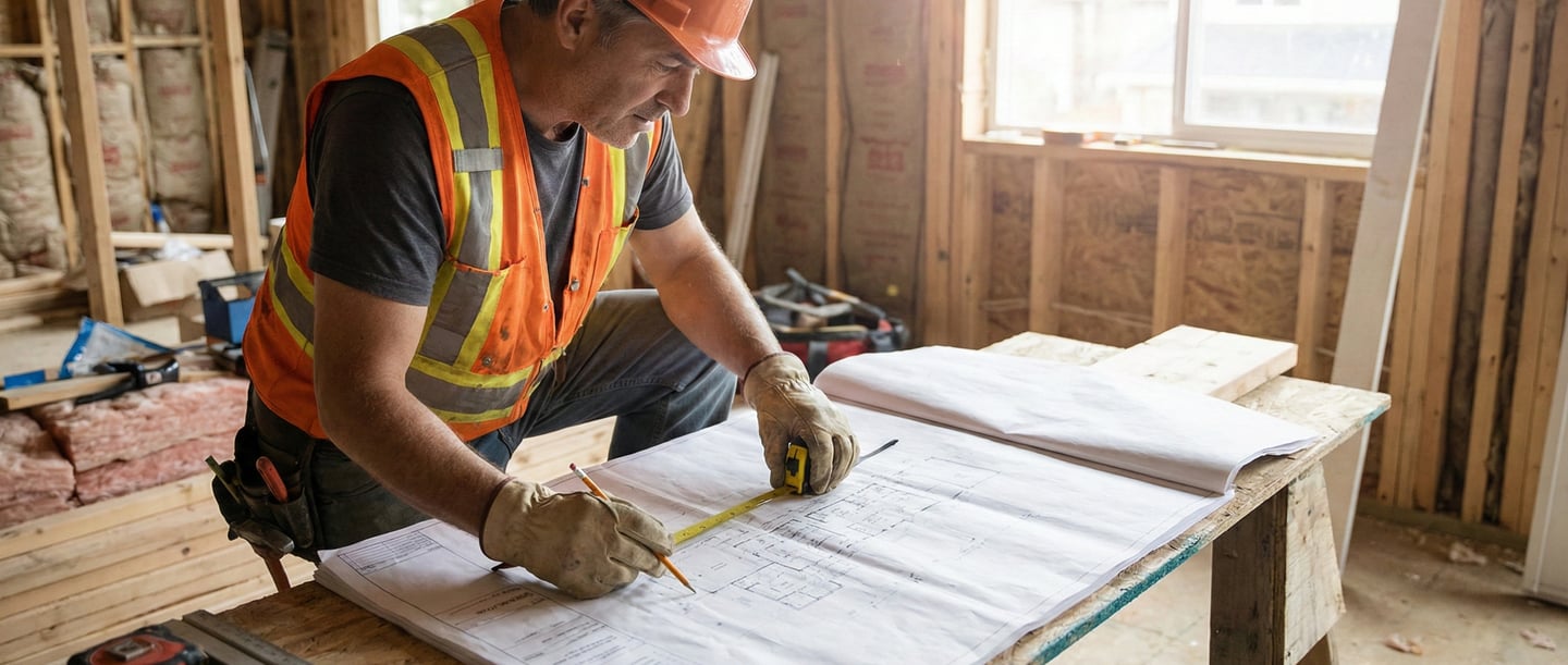 Contractor on-site reviewing as-built drawings during a Vancouver home renovation project