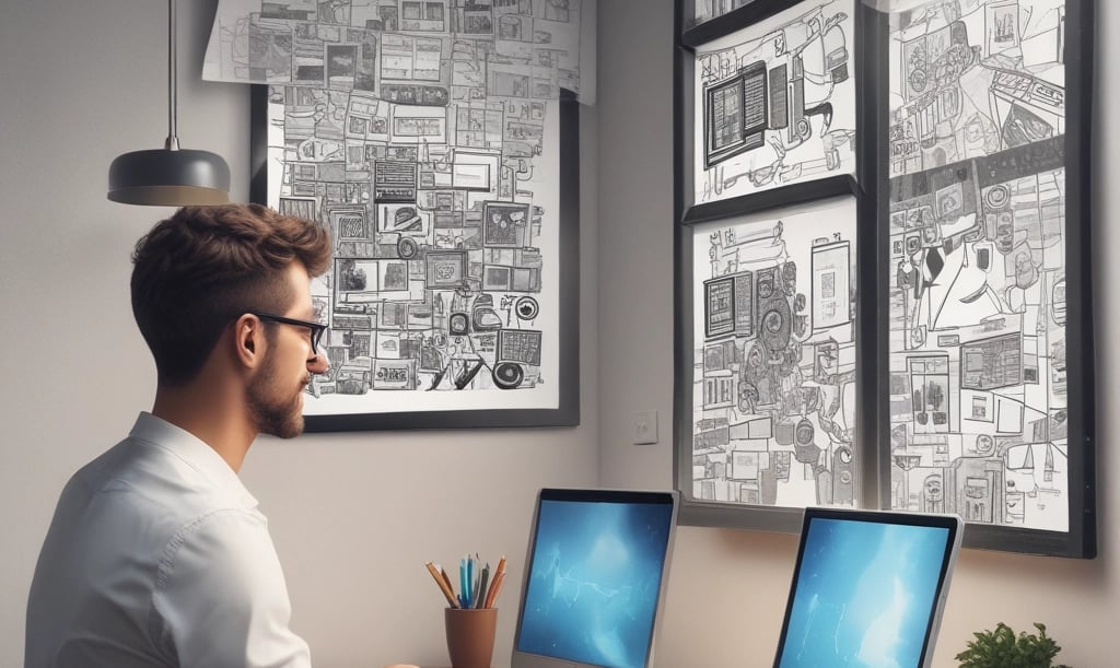 A diverse team collaborating around a laptop in a modern office space.