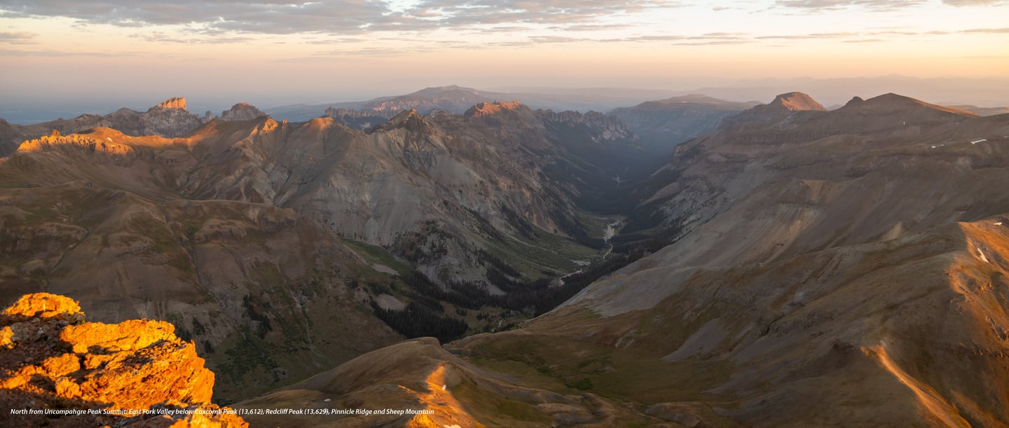 North from Uncompahgre Peak Summit: East Fork Valley below Coxcomb Peak (13,612), and other peaks