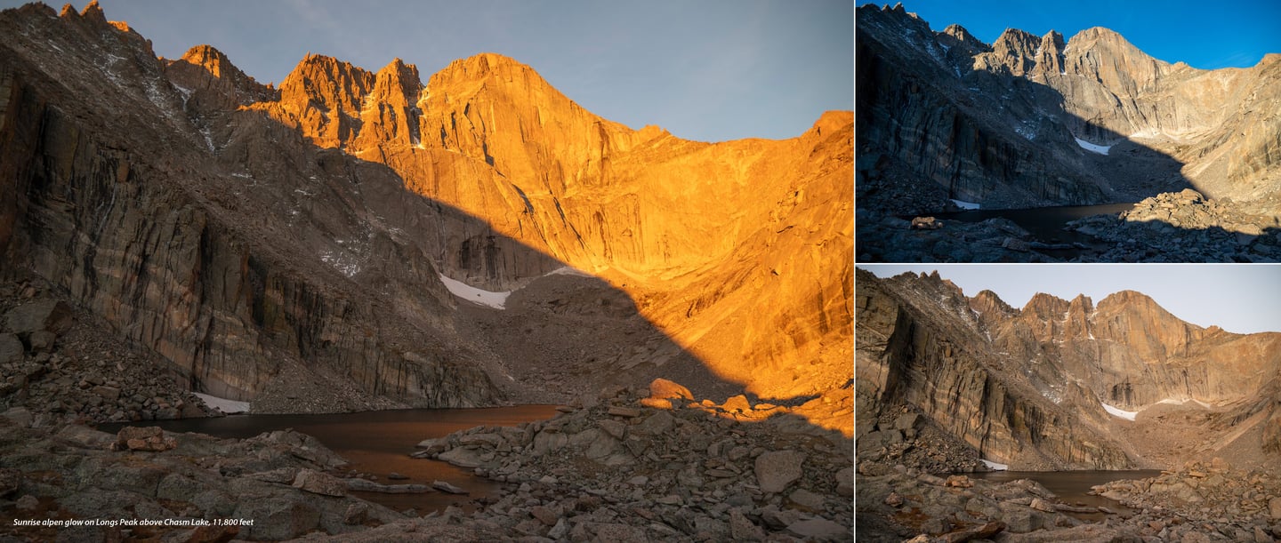 Sunrise alpen glow on Longs Peak above Chasm Lake, 11,800 feet