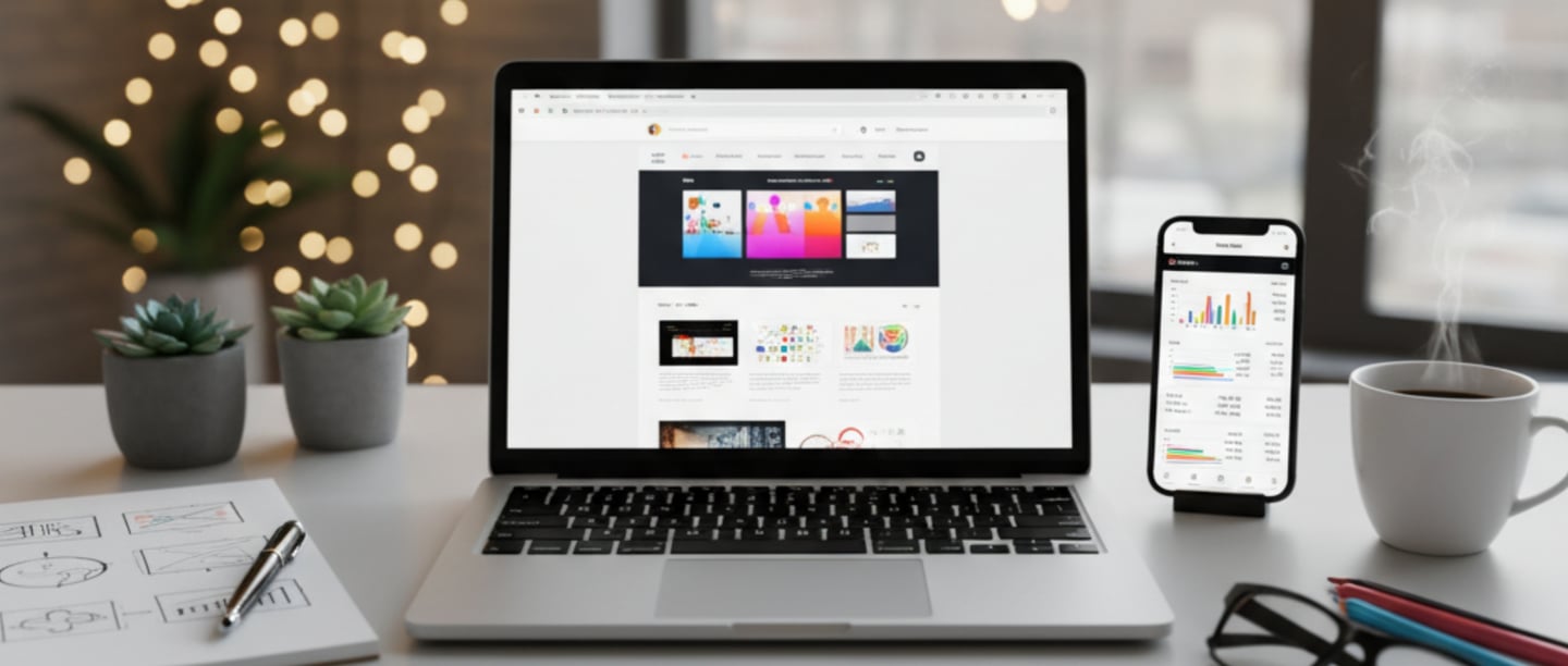 Responsive website design displayed on a laptop and smartphone on a modern office desk with coffee.