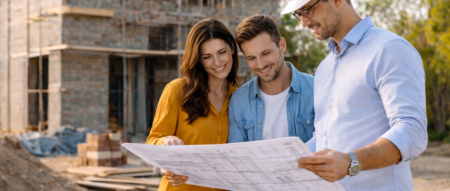 casal acompanhando o andamento da obra com engenheiro e projeto em mãos