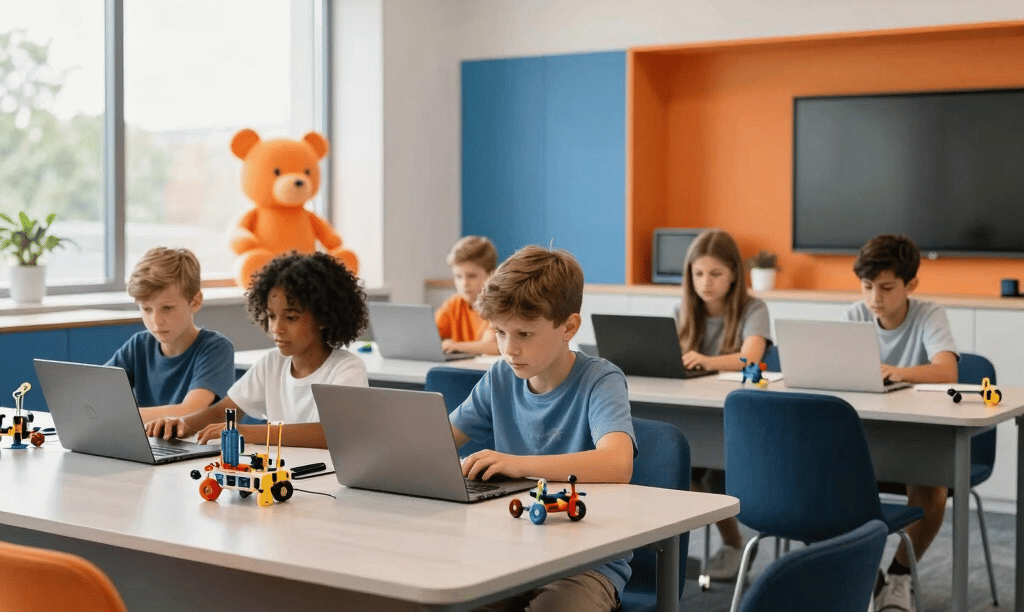 A high-end editorial modern classroom in an International / Global setting, where children aged eight to twelve collaborate over laptops and modular robotics kits. Clean architecture, natural morning daylight, featuring warm optimistic bytebear orange accents, sky blue highlights, and modern deep navy furnishings.