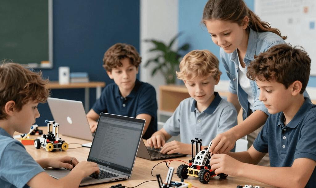 A modern editorial photograph of International / Global children collaborating on a robotics building project at a bright wooden desk. Soft natural lighting fills the modern classroom space with deep navy and sky blue modern accents. The children interact naturally with laptops and robotic modules in a focused, joyful educational setting, presented with high-end magazine photography depth.