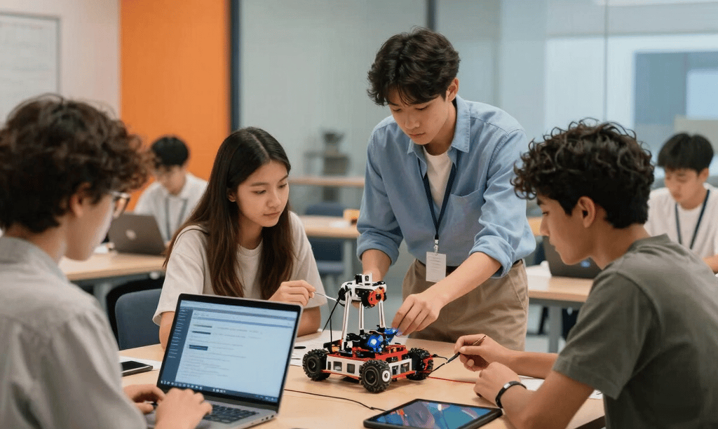 A high-end editorial photograph of a group of diverse young students in a modern glass-walled STEM classroom collaborating on a robotics project. A soft ambient light illuminates clean wooden desks, laptops, and smart tablets. Touches of warm orange and sky blue accentuate the modern classroom design. International / Global context with clean rounded aesthetic and approachable educational setting.