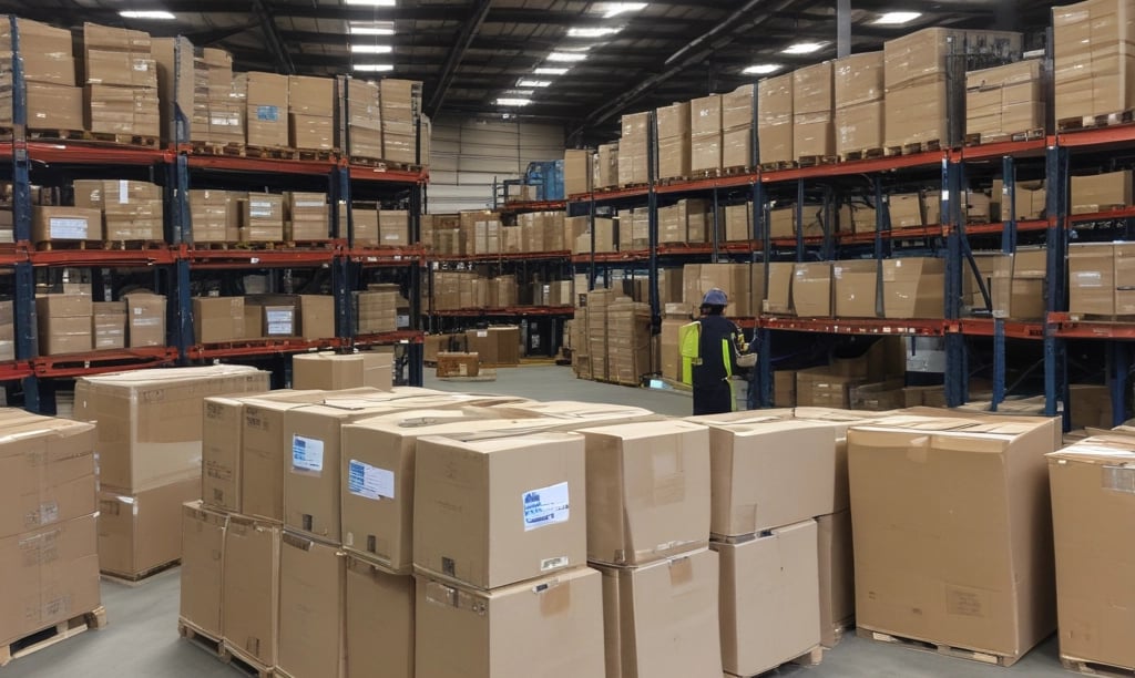 A friendly delivery driver handing over a box of cleaning supplies to a smiling school custodian outside a brick building.