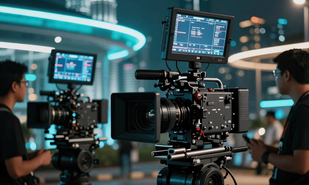 Cinematic film set in Kuala Lumpur, Malaysia at night, featuring sleek professional film cameras and high-tech production monitors. Vibrant cyan neon lighting elements highlight the futuristic atmosphere, while members of a Malaysian crew are visible in soft focus. High-contrast, moody visual effects studio environment.